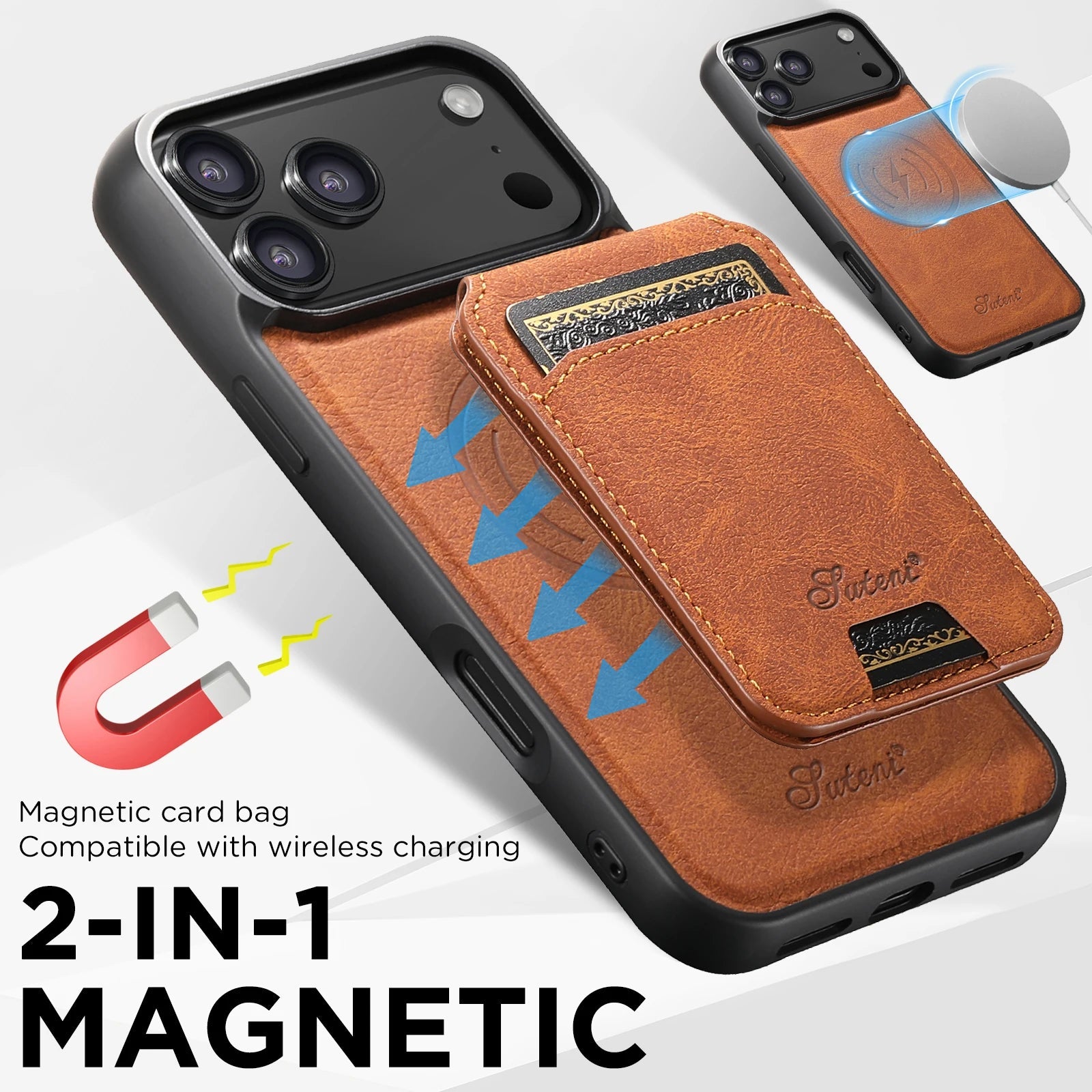 SUTENI Wireless Charging Phone Case Magnet Card Holder Stand Faux Leather For iPhone 17 Pro Max 16 Plus 15 14 13 12 easy-shop-bay