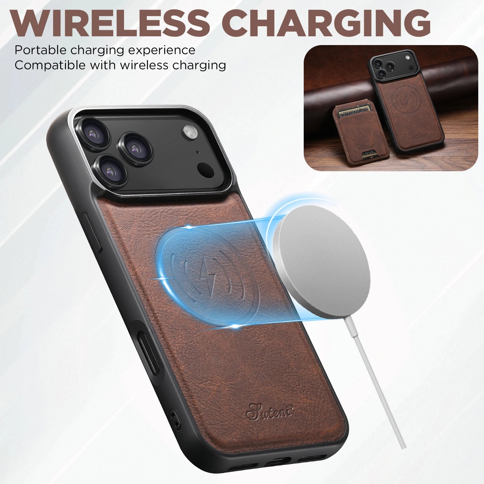 SUTENI Wireless Charging Phone Case Magnet Card Holder Stand Faux Leather For iPhone 17 Pro Max 16 Plus 15 14 13 12 easy-shop-bay