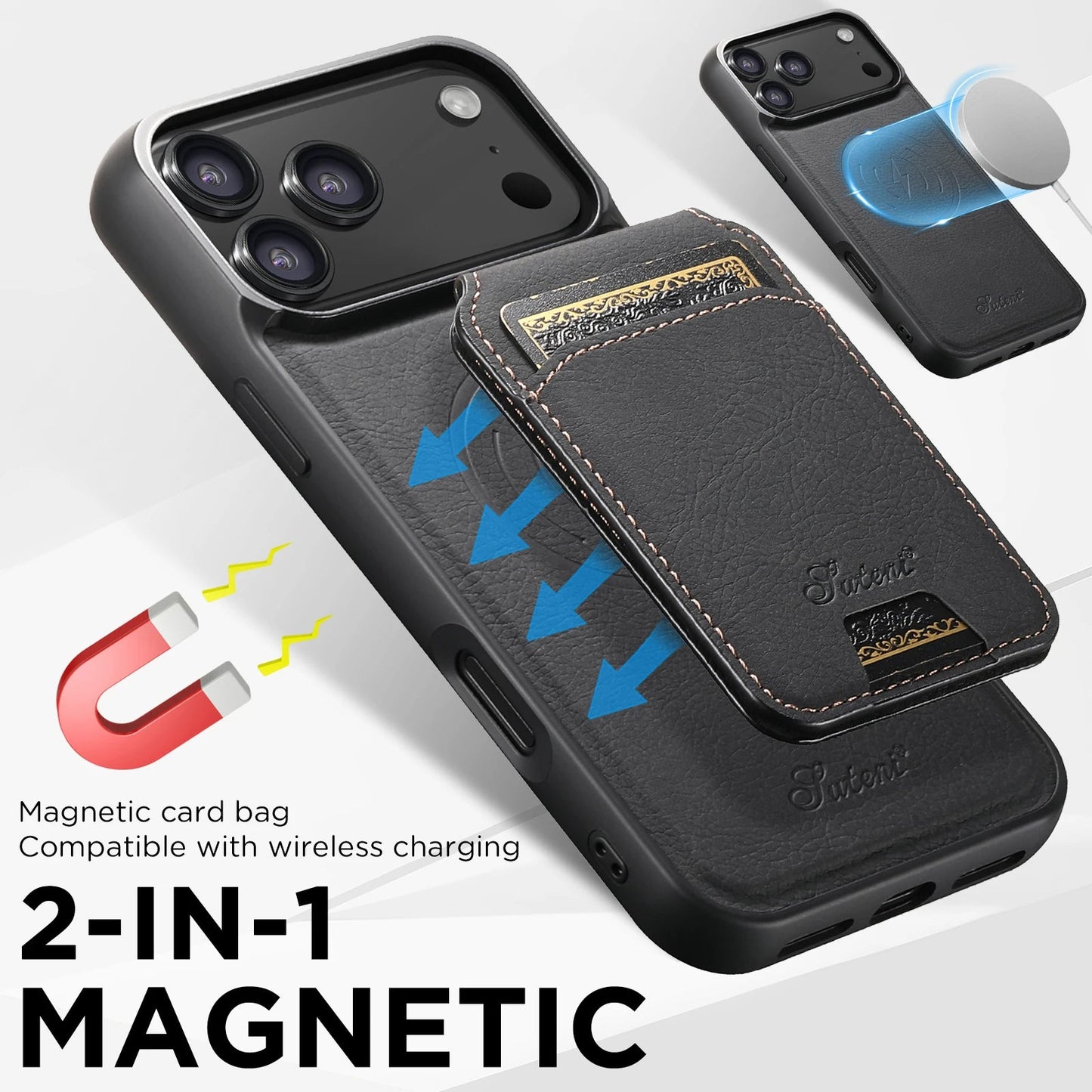 SUTENI Wireless Charging Phone Case Magnet Card Holder Stand Faux Leather For iPhone 17 Pro Max 16 Plus 15 14 13 12 easy-shop-bay