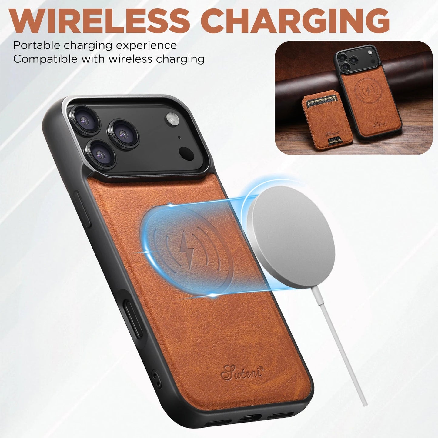 SUTENI Wireless Charging Phone Case Magnet Card Holder Stand Faux Leather For iPhone 17 Pro Max 16 Plus 15 14 13 12 easy-shop-bay