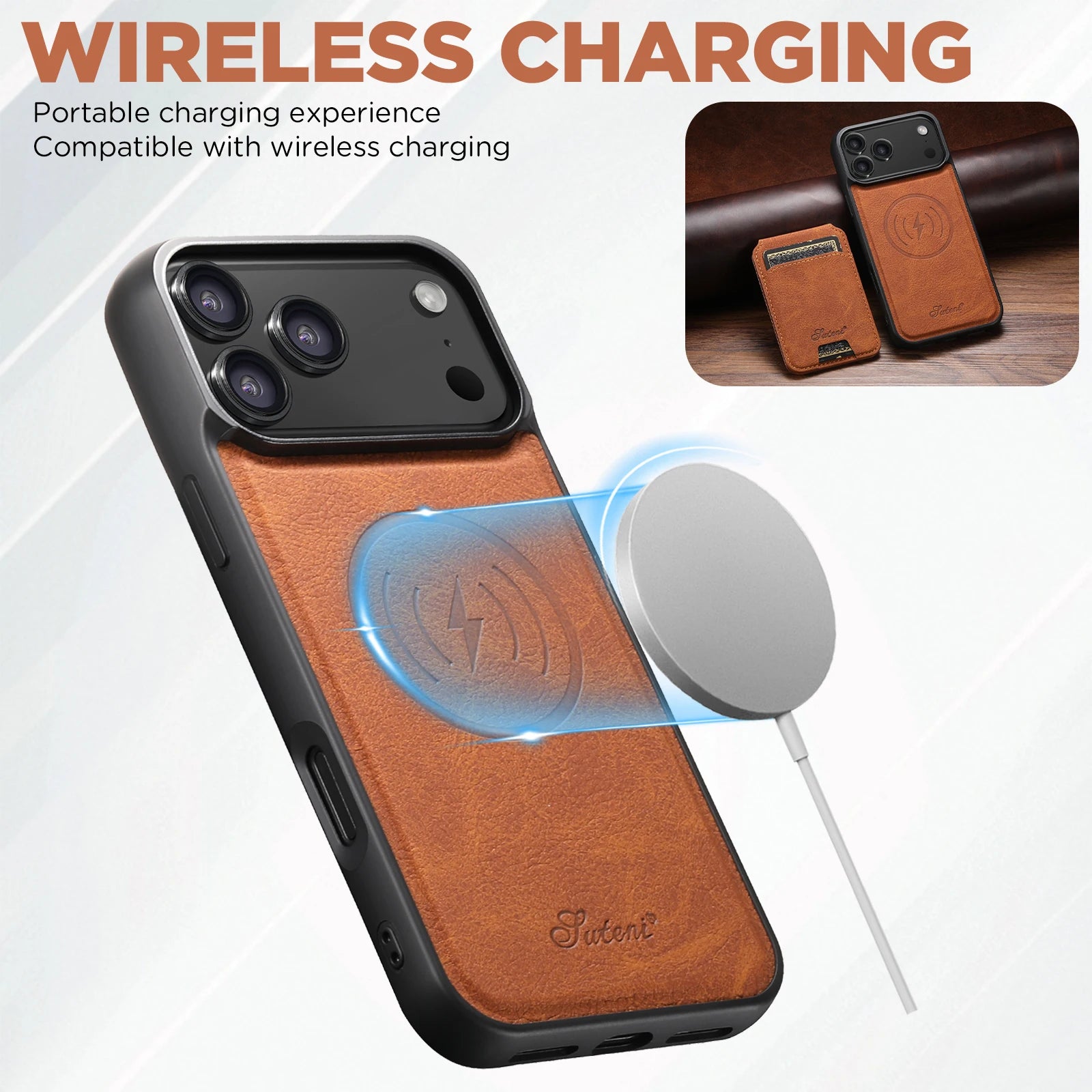 SUTENI Wireless Charging Phone Case Magnet Card Holder Stand Faux Leather For iPhone 17 Pro Max 16 Plus 15 14 13 12 easy-shop-bay