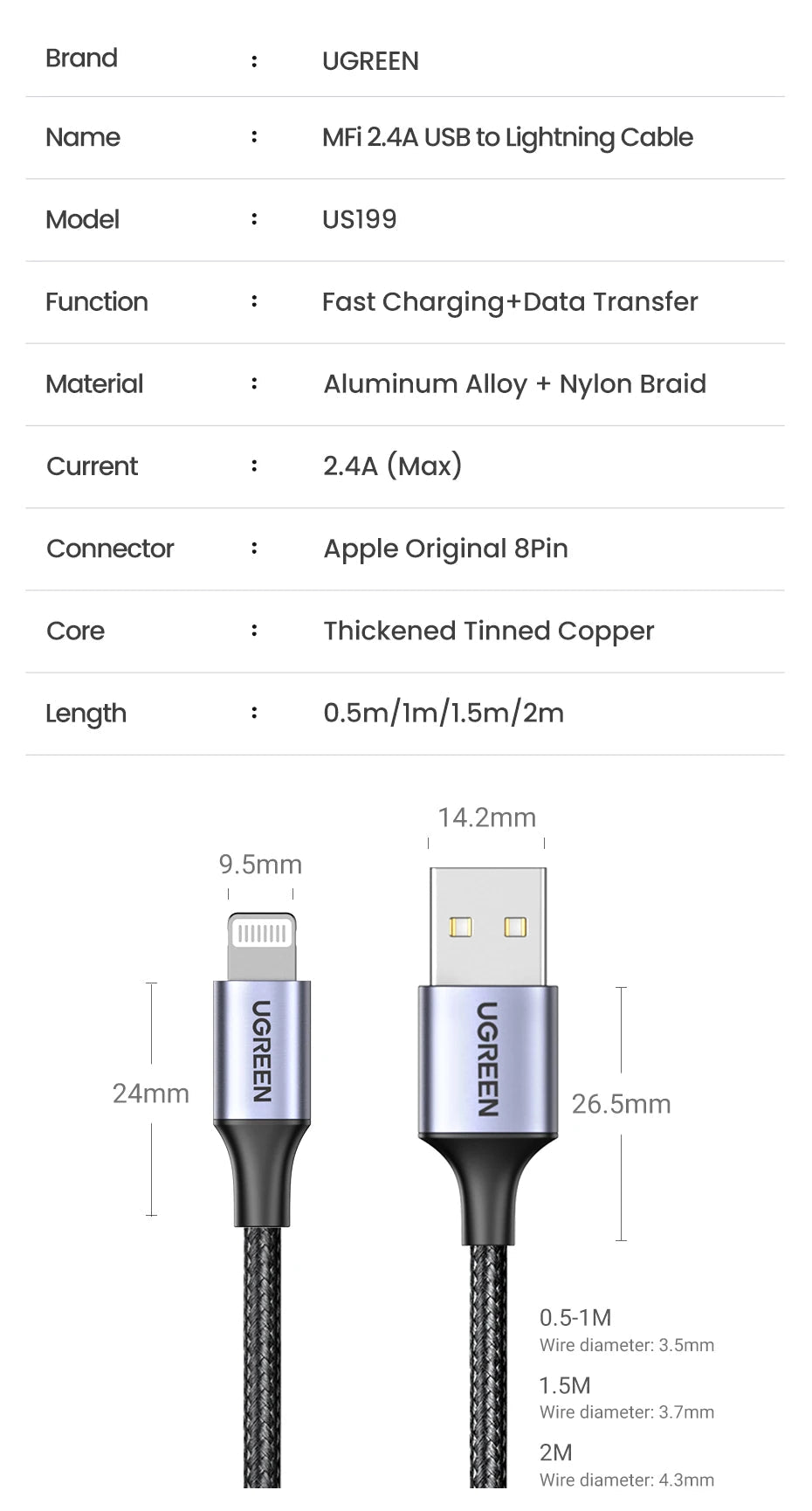 UGREEN MFi USB Cable for iPhone 14 13 12 Pro Max 2.4A Fast Charging Lightning Cable for iPad Mini Phone Data Cable easy-shop-bay