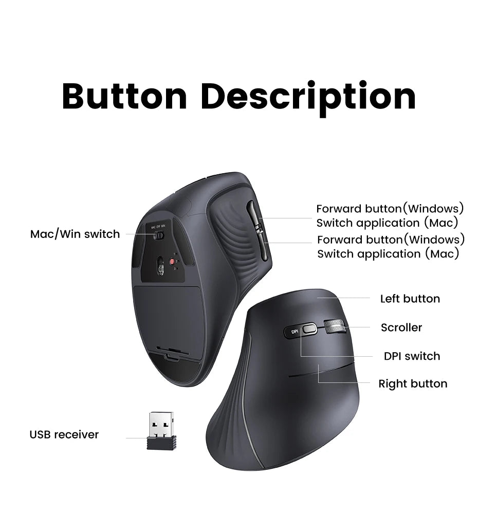 UGREEN Vertical Mouse Wireless Bluetooth5.0 2.4G Ergonomic 4000DPI 6 Mute Buttons for MacBook Tablet Laptops Computer PC Mice easy-shop-bay