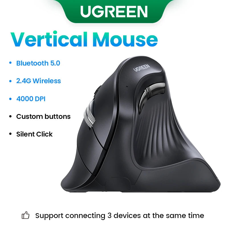 UGREEN Vertical Mouse Wireless Bluetooth5.0 2.4G Ergonomic 4000DPI 6 Mute Buttons for MacBook Tablet Laptops Computer PC Mice easy-shop-bay