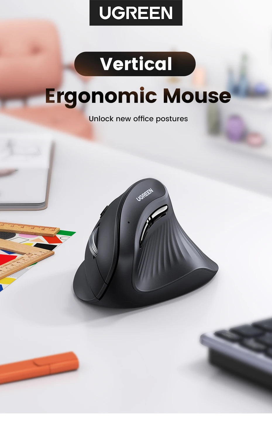 UGREEN Vertical Mouse Wireless Bluetooth5.0 2.4G Ergonomic 4000DPI 6 Mute Buttons for MacBook Tablet Laptops Computer PC Mice easy-shop-bay