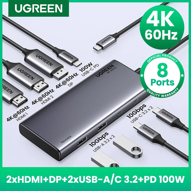 UGREEN Triple Display USB C HUB 10Gbps 4K HDMI Adapter 8-in-1 Splitter with HDMI DP USB3.2 PD 100W Dock for MacBook Pro Air PC easy-shop-bay
