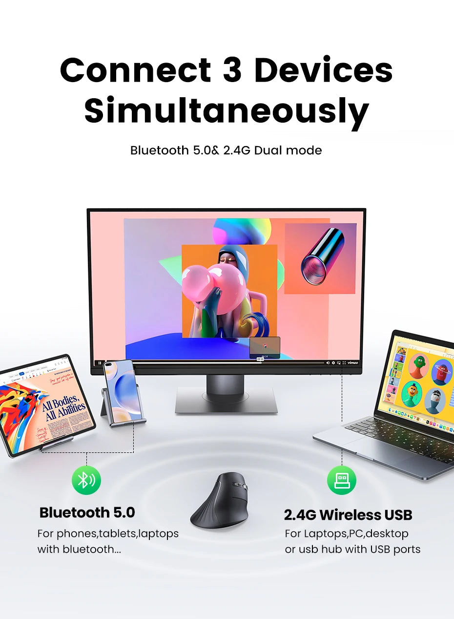 UGREEN Vertical Mouse Wireless Bluetooth5.0 2.4G Ergonomic 4000DPI 6 Mute Buttons for MacBook Tablet Laptops Computer PC Mice easy-shop-bay