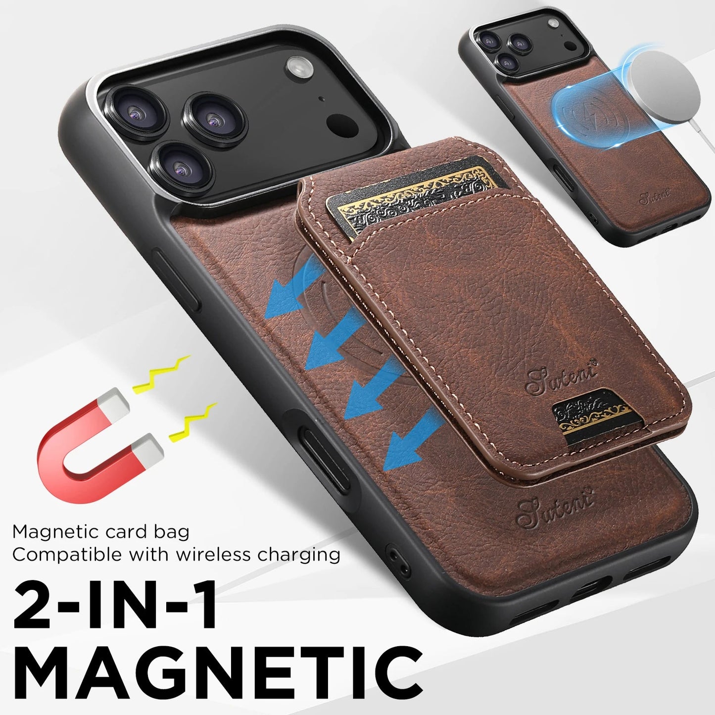 SUTENI Wireless Charging Phone Case Magnet Card Holder Stand Faux Leather For iPhone 17 Pro Max 16 Plus 15 14 13 12 easy-shop-bay