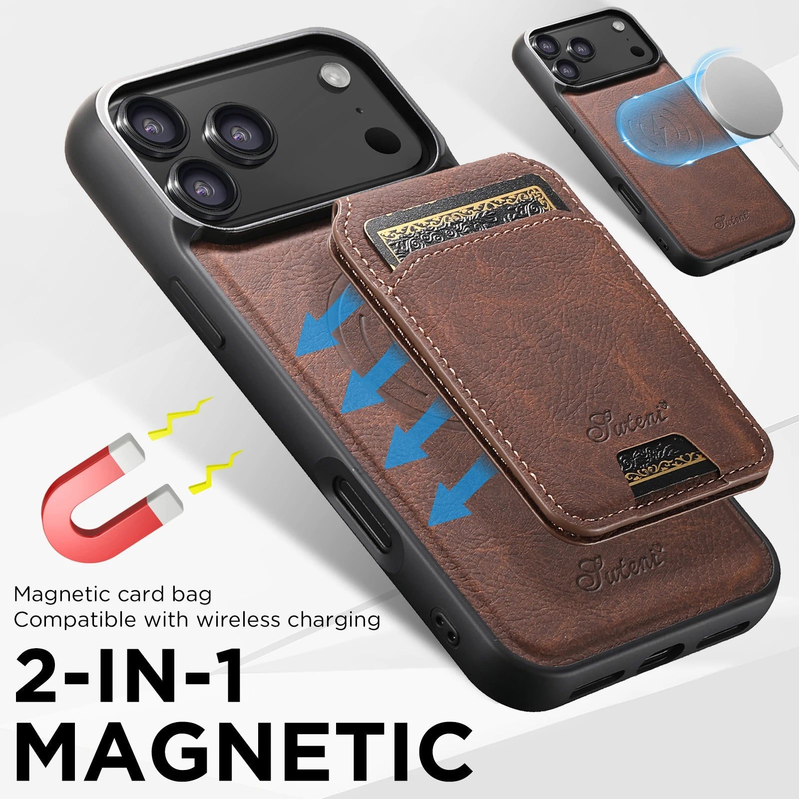 SUTENI Wireless Charging Phone Case Magnet Card Holder Stand Faux Leather For iPhone 17 Pro Max 16 Plus 15 14 13 12 easy-shop-bay