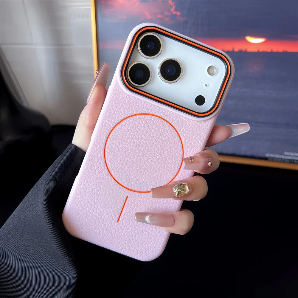 Frosted Hit Color Lichee Pattern Magnetic Phone Case For iPhone 17 Air 16 15 14 13 12 11 Pro Max Plus For Magsafe TPU Soft Cover easy-shop-bay