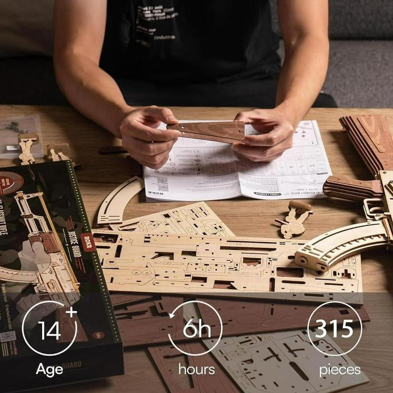 ROKR 3D Puzzles for Adults Wooden AK47 Model with Rubber Bands and Detachable Magazine Creative DIY Building Kits for Men Women Christmas Gifts