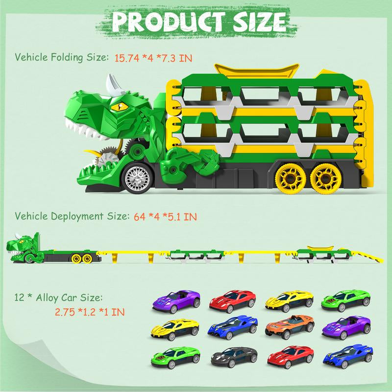 Dinosaur Transport Truck Toy for Toddlers – 12 Die-Cast Cars, Transforms into Dino, Perfect Gift for 3-6 Year Old Boys