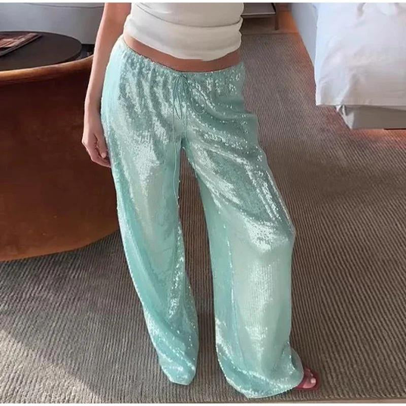 Women´S Sparkle Sequin Pants Lightweight Elastic Waist Wide Leg Loose Pants Trousers