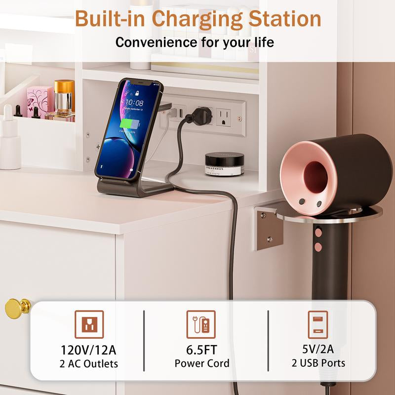 LAKEMID 7 Drawers White Vanity Table with Power Outlet, Lighting Mirror, Hair Dryer Rack, and RGB Cabinets, LED Lighted Vanity Desk Set Light up Large Dimmable Makeup