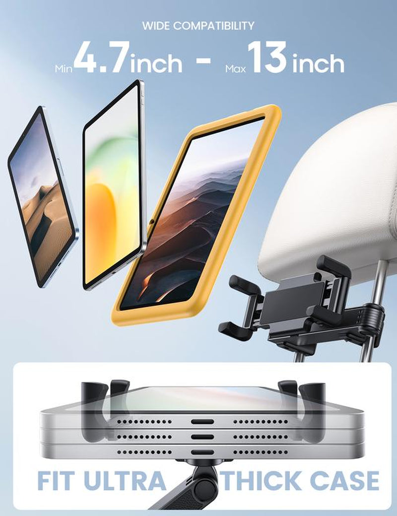 Lamicall Car Headrest Tablet Holder - [Lockable] [Thick Case Friendly] [Foldable Clip] Car Backseat Tablet Mount, Car Accessories for Kids, for Ipad Pro, Air, Mini, Galaxy, Fire HD, 4.7-13" Tablets