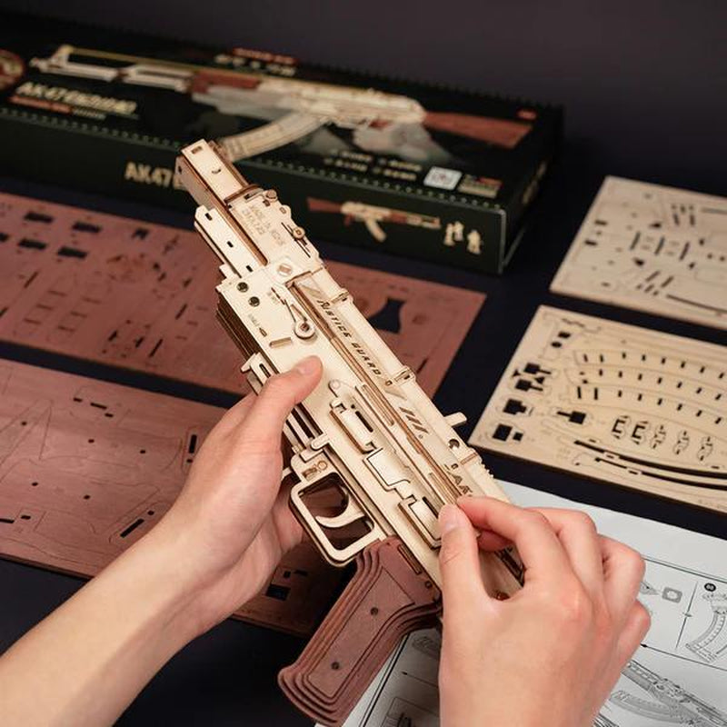 ROKR 3D Puzzles for Adults Wooden AK47 Model with Rubber Bands and Detachable Magazine Creative DIY Building Kits for Men Women Christmas Gifts