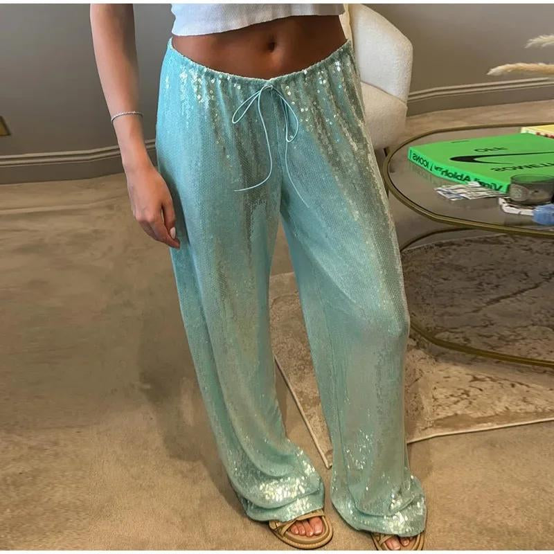 Women´S Sparkle Sequin Pants Lightweight Elastic Waist Wide Leg Loose Pants Trousers