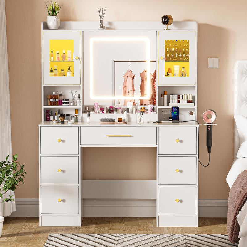 LAKEMID 7 Drawers White Vanity Table with Power Outlet, Lighting Mirror, Hair Dryer Rack, and RGB Cabinets, LED Lighted Vanity Desk Set Light up Large Dimmable Makeup
