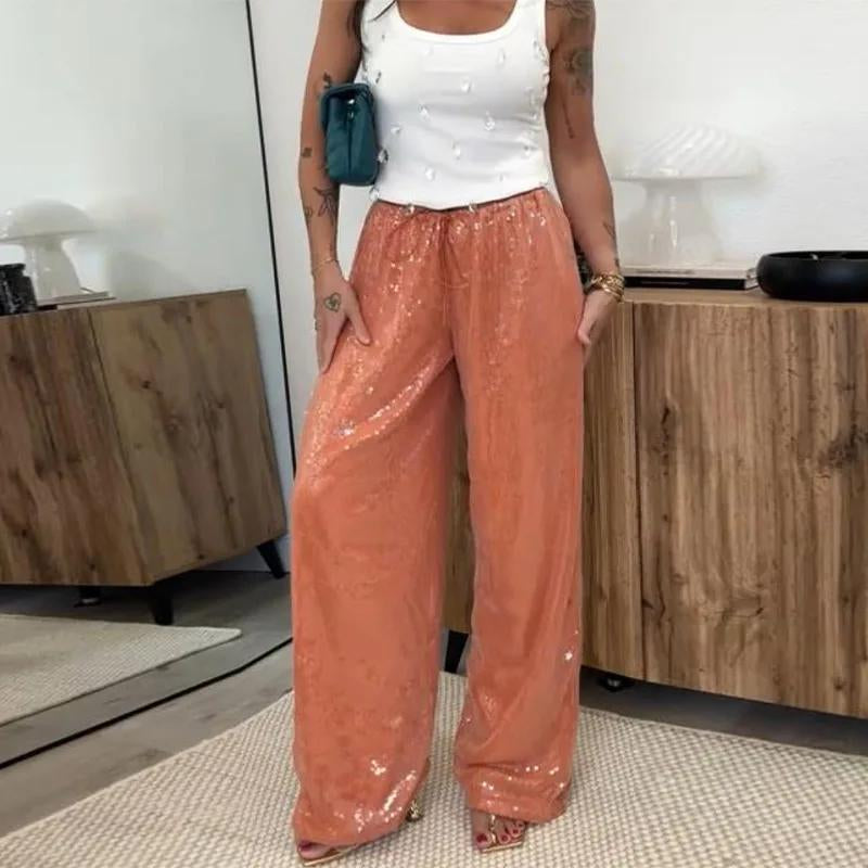 Women´S Sparkle Sequin Pants Lightweight Elastic Waist Wide Leg Loose Pants Trousers