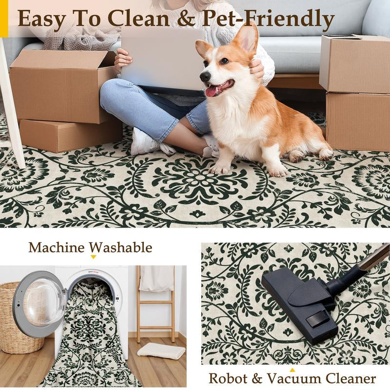 【Black Friday & Cyber Monday】Purecozy Washable Floral Area Rug Beige /Black and Whiteliving Room Carpet Scalloped Flower Non Slip Soft Bedroom Rug Farmhouse Low Pile Thin Indoor Floor Cover for Office Dining Room Kitchen Bathroom