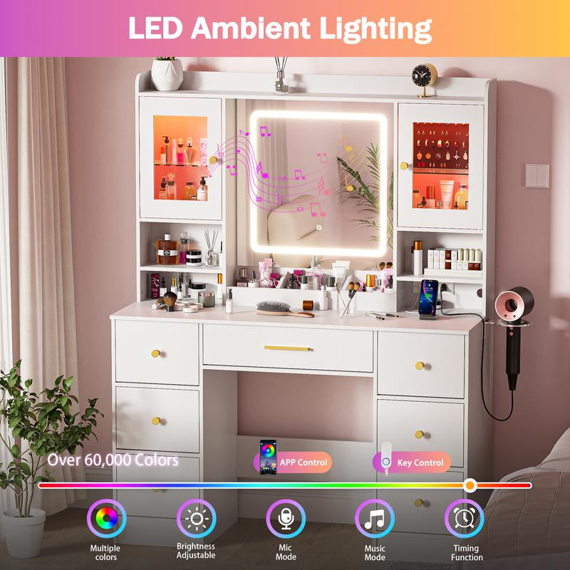 LAKEMID 7 Drawers White Vanity Table with Power Outlet, Lighting Mirror, Hair Dryer Rack, and RGB Cabinets, LED Lighted Vanity Desk Set Light up Large Dimmable Makeup