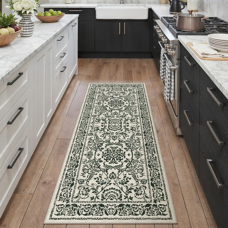 【Black Friday & Cyber Monday】Purecozy Washable Floral Area Rug Beige /Black and Whiteliving Room Carpet Scalloped Flower Non Slip Soft Bedroom Rug Farmhouse Low Pile Thin Indoor Floor Cover for Office Dining Room Kitchen Bathroom