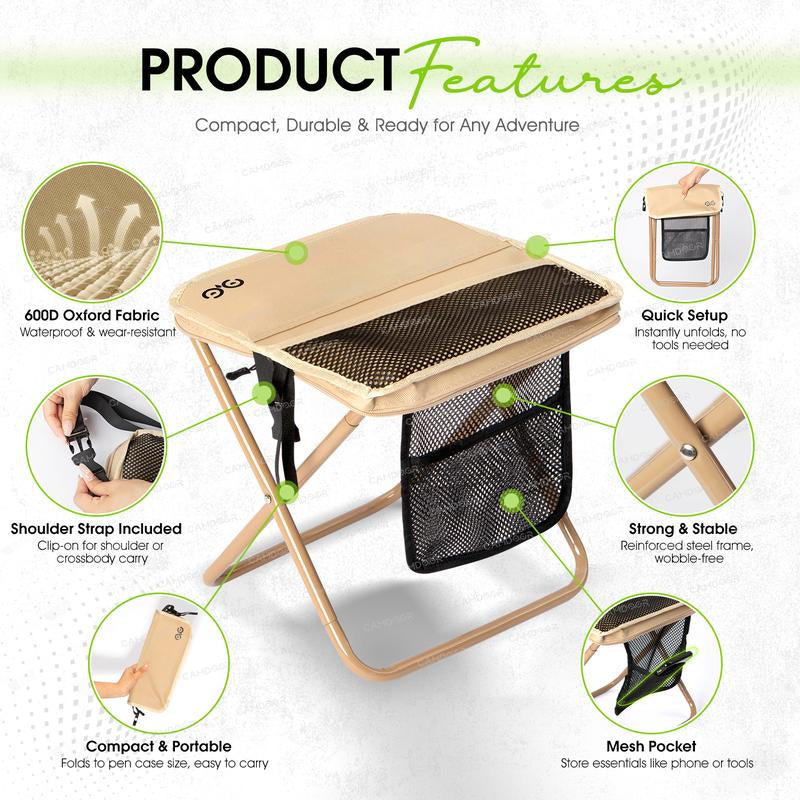 Camdoor Upgraded Strap Folding Stool Ultra-Light 1.5 Lbs Portable Outdoor Camping Chair with Side Pockets & Shoulder Strap Max Load 500Lbs for Hiking Fishing Thanksgiving Gift