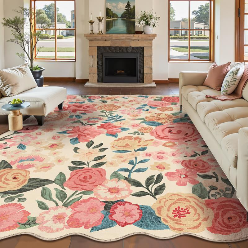 【Black Friday & Cyber Monday】Purecozy Washable Floral Area Rug Beige /Black and Whiteliving Room Carpet Scalloped Flower Non Slip Soft Bedroom Rug Farmhouse Low Pile Thin Indoor Floor Cover for Office Dining Room Kitchen Bathroom