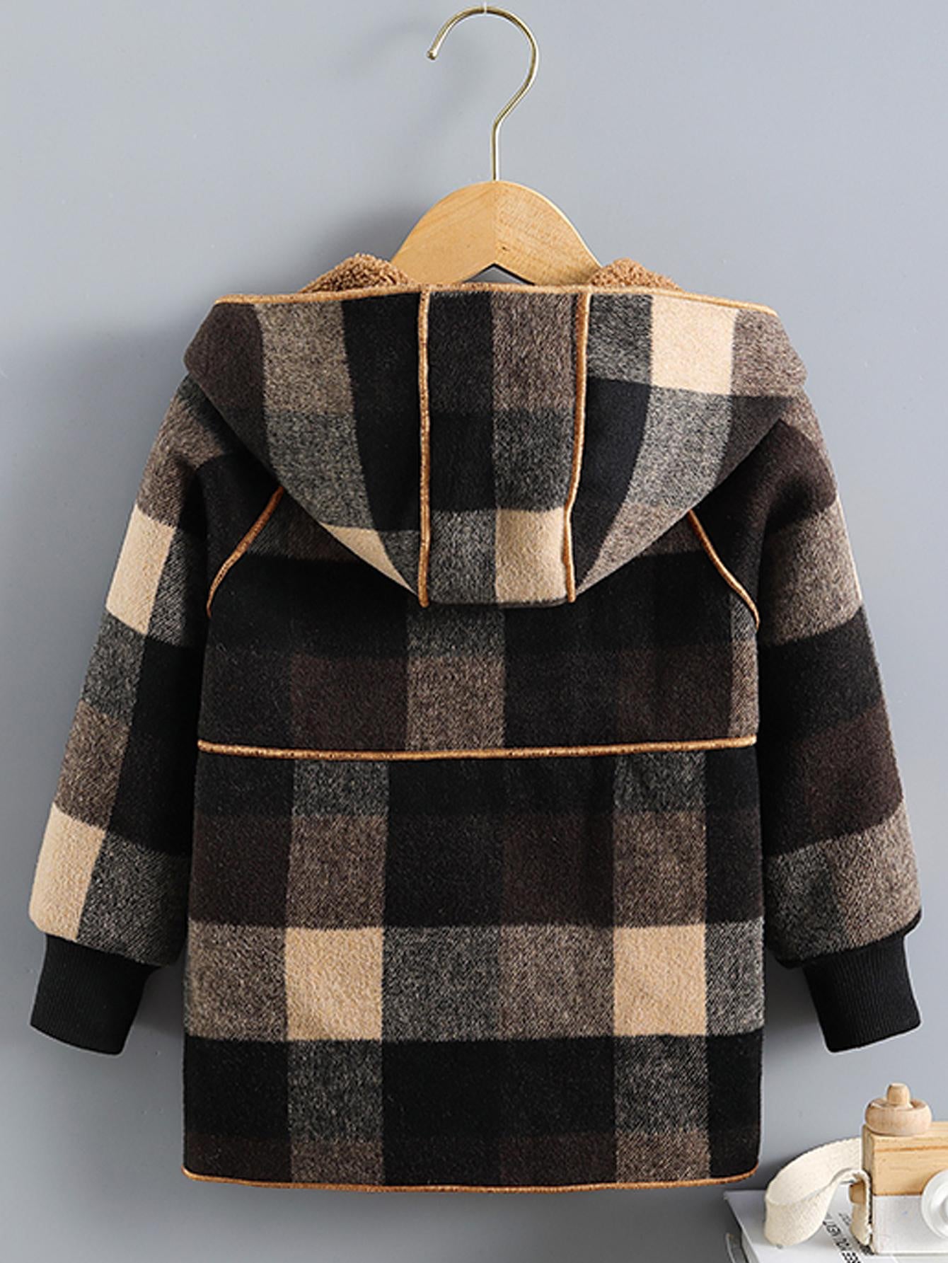 Boys' Long Sleeve Plaid Fleece-Lined Jacket with Button Front & Pockets - Cozy Fall/Winter Warmth, Casual Cardigan Collar, Brown/ Tartan Pattern, Machine Washable For Outdoor Play & Casual Attire, Winter Jacket For Boys, Fall easy-shop-bay