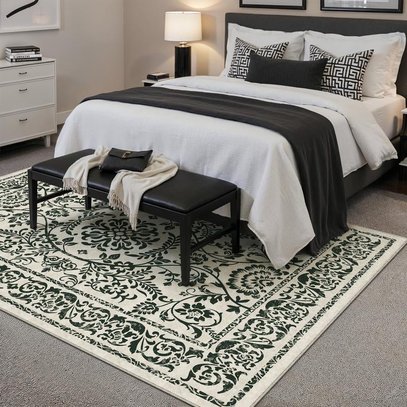 【Black Friday & Cyber Monday】Purecozy Washable Floral Area Rug Beige /Black and Whiteliving Room Carpet Scalloped Flower Non Slip Soft Bedroom Rug Farmhouse Low Pile Thin Indoor Floor Cover for Office Dining Room Kitchen Bathroom