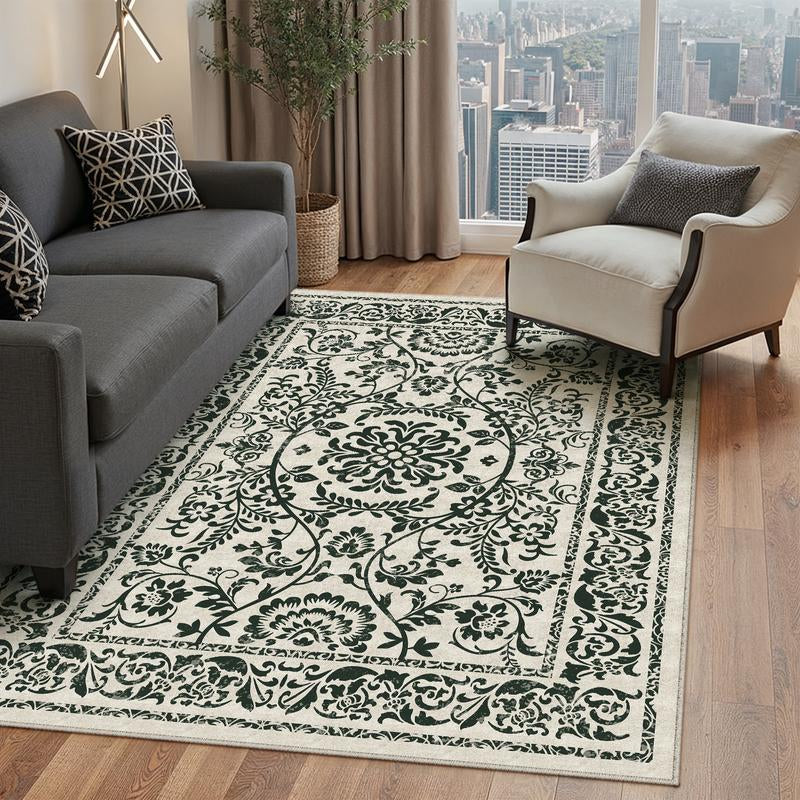 【Black Friday & Cyber Monday】Purecozy Washable Floral Area Rug Beige /Black and Whiteliving Room Carpet Scalloped Flower Non Slip Soft Bedroom Rug Farmhouse Low Pile Thin Indoor Floor Cover for Office Dining Room Kitchen Bathroom
