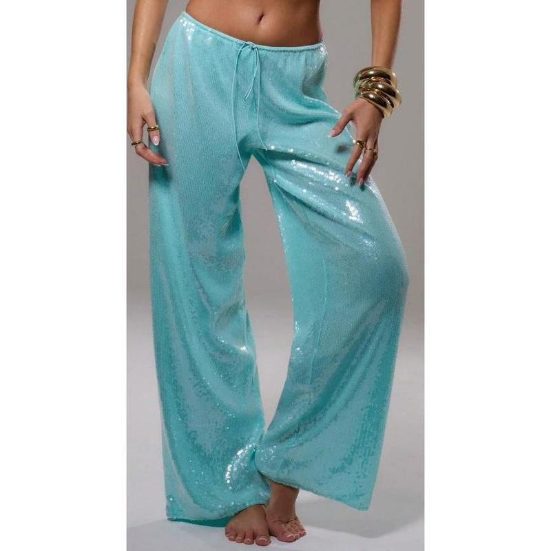 Women´S Sparkle Sequin Pants Lightweight Elastic Waist Wide Leg Loose Pants Trousers