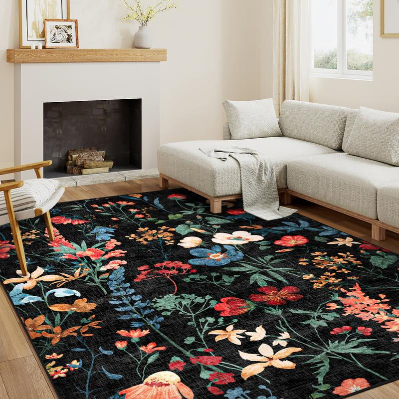 【Black Friday & Cyber Monday】Purecozy Washable Floral Area Rug Beige /Black and Whiteliving Room Carpet Scalloped Flower Non Slip Soft Bedroom Rug Farmhouse Low Pile Thin Indoor Floor Cover for Office Dining Room Kitchen Bathroom