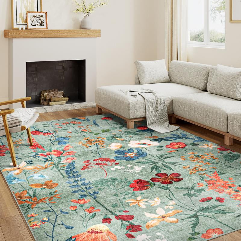 【Black Friday & Cyber Monday】Purecozy Washable Floral Area Rug Beige /Black and Whiteliving Room Carpet Scalloped Flower Non Slip Soft Bedroom Rug Farmhouse Low Pile Thin Indoor Floor Cover for Office Dining Room Kitchen Bathroom